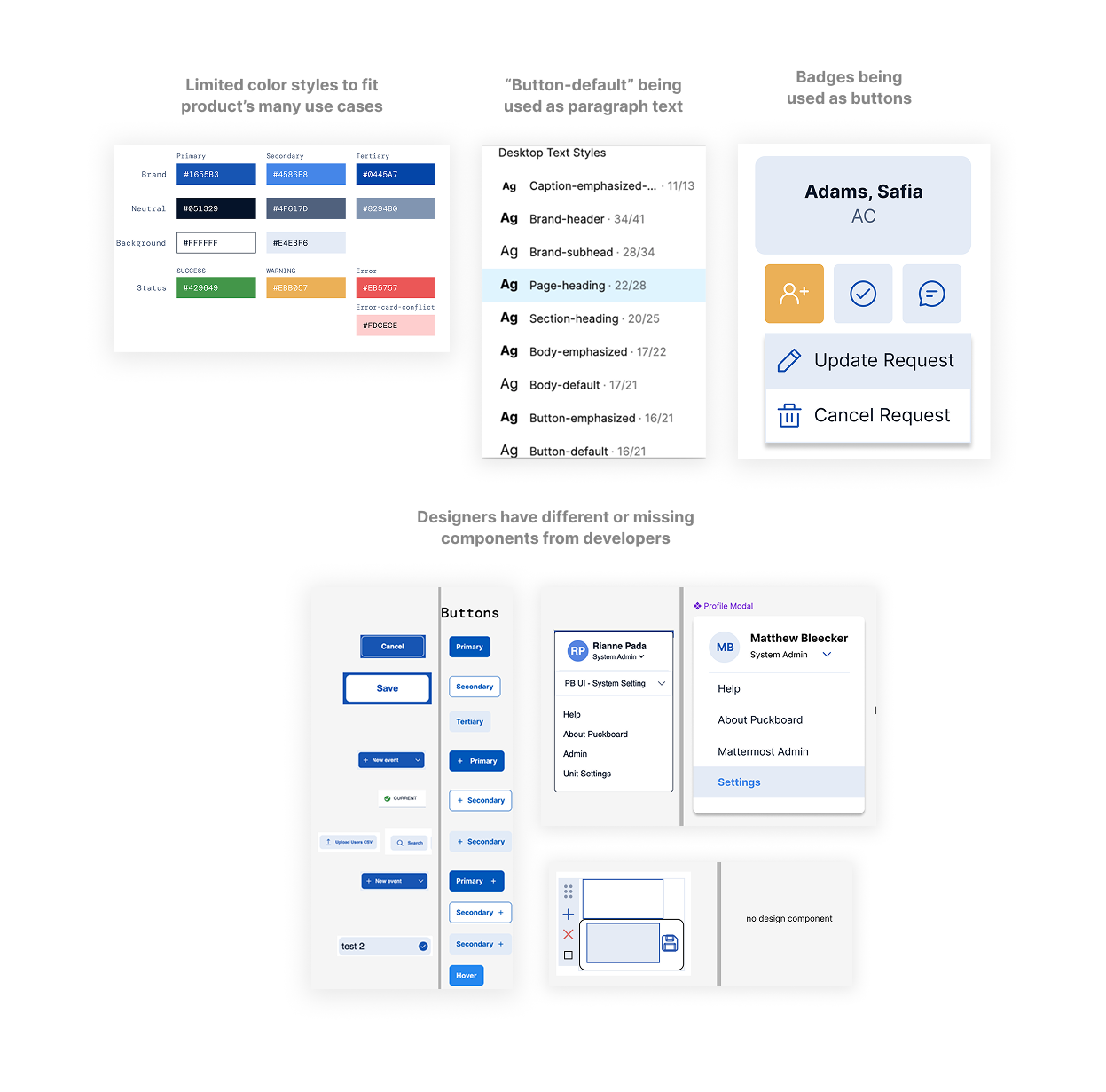 Examples of inconsistent design system usage across Nimbus