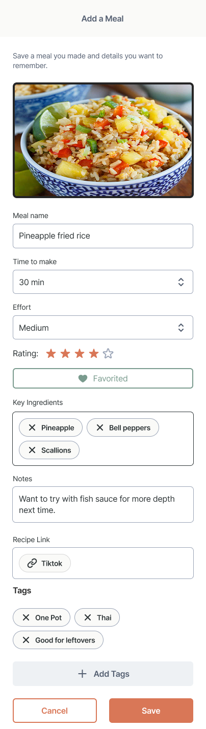 Add a Meal final design: a Key Ingredients field holds Pineapple, Bell peppers and Scallions as removable chips, above Notes and Tags.