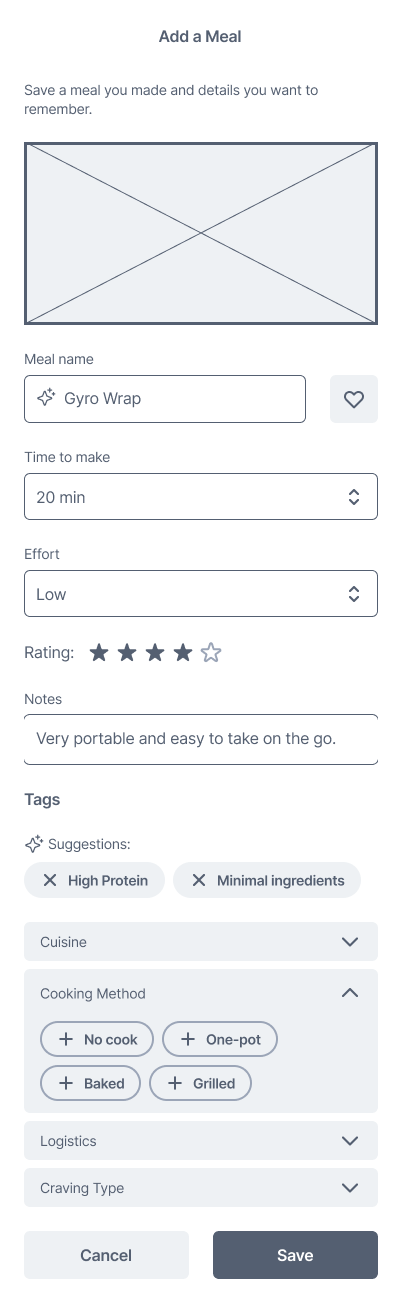 Add a Meal wireframe V2: adds Notes and a Tags section with AI suggestions including a Minimal ingredients tag, but still no ingredient field.
