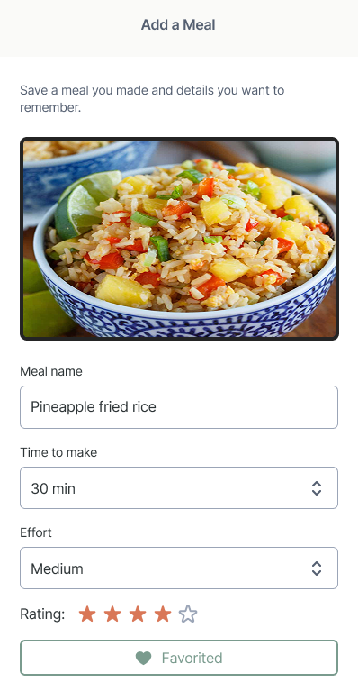 Add a Meal final design: a full-width Favorited toggle, labelled and with a heart, sits below the rating.