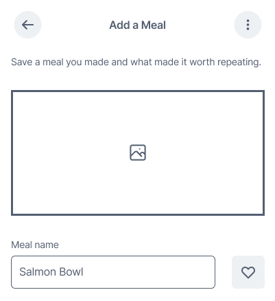 Add a Meal wireframe: an unlabeled heart icon sits beside the Meal name field.