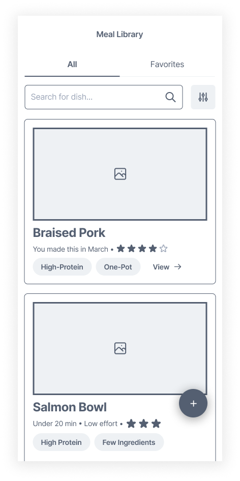 Meal Library wireframe V1: large cards showing dish name, date made, star rating and tags, with no ingredients listed.