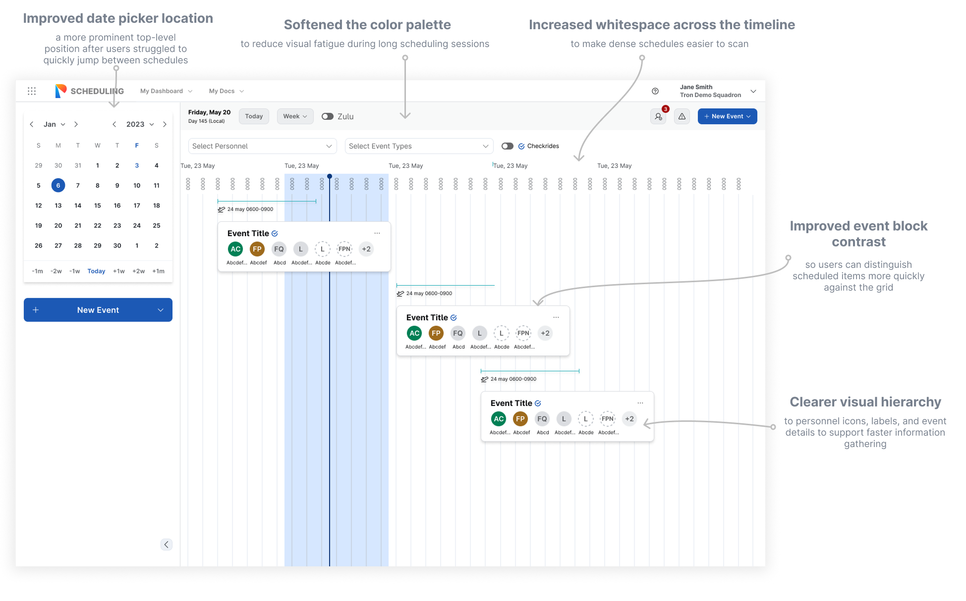 Annotated after view of the schedule page showing clearer color coding, lighter page chrome, improved event-card contrast, and stronger action hierarchy