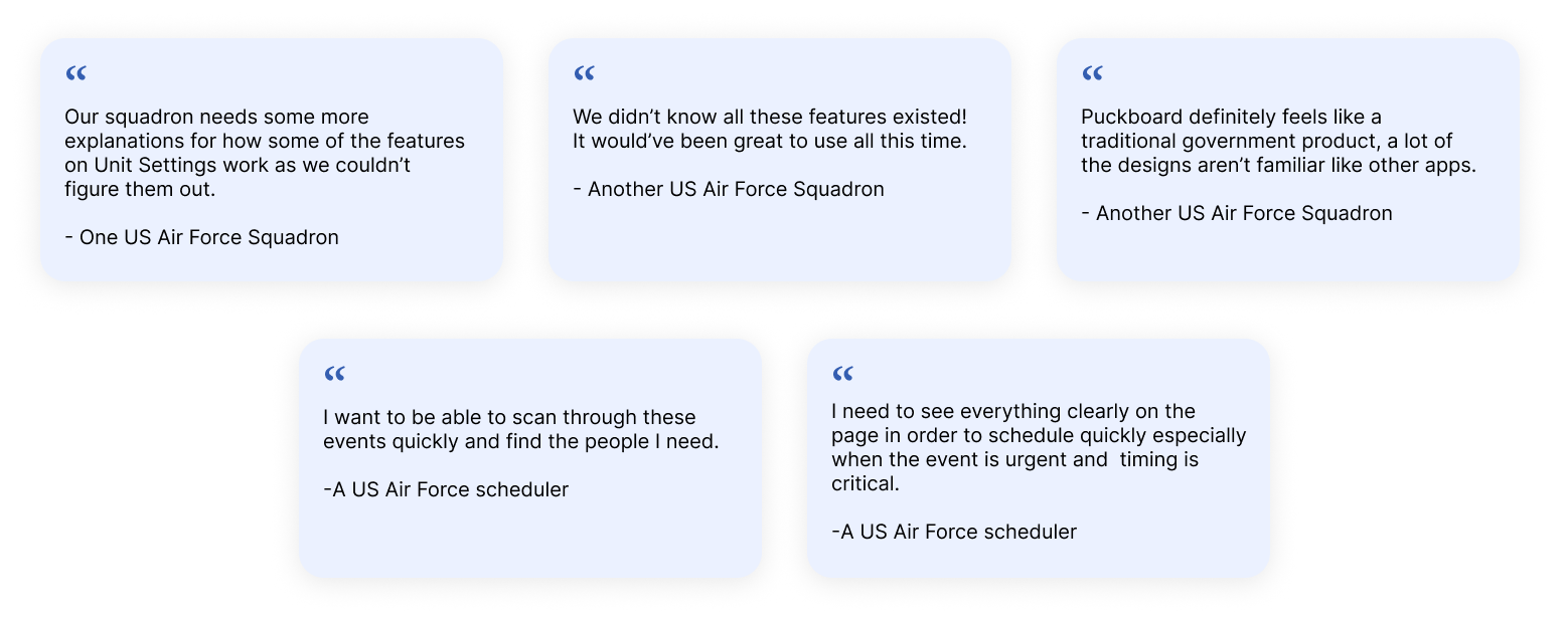 Positive user quotes and research feedback about discoverability, familiarity, event scanning, and schedule clarity